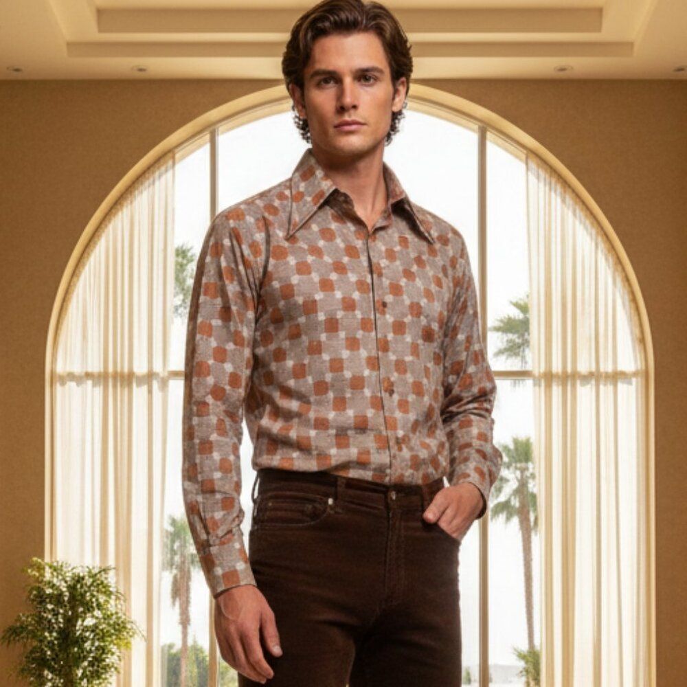 Vintage Kmart Men's Brown & Rust Geometric Long Sleeve Shirt Medium